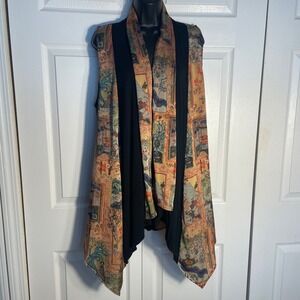 Vintage Anes A Kimono Vest Women Size L Black Asian Print Art To Wear Open Front